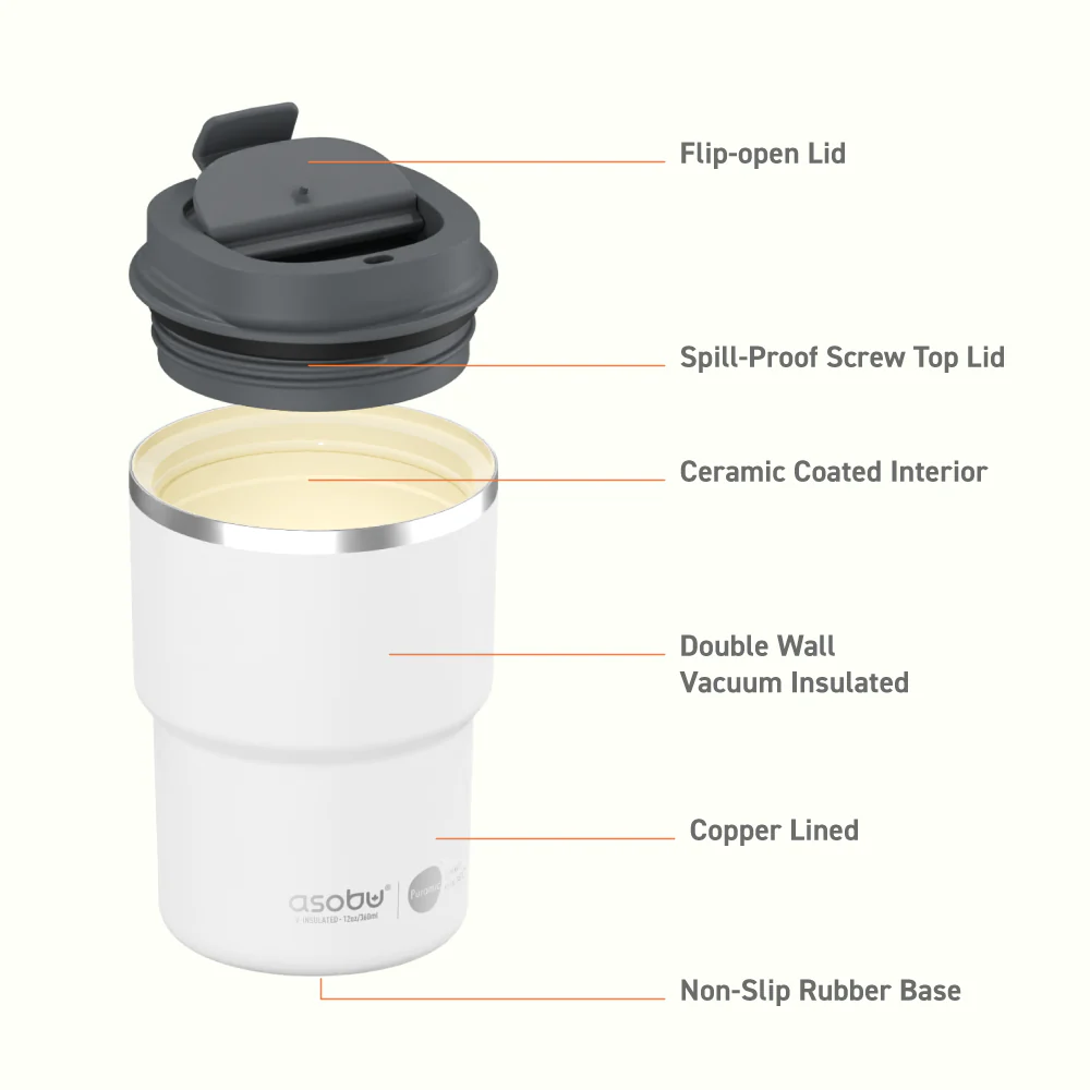 Asobu Stainless Steel Double Insulated Mini Pick-Up Mug/Cup 355ML (Puramic Series Available)